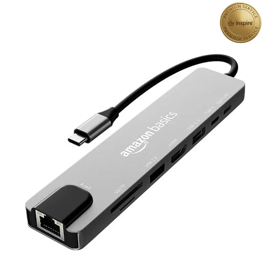 Amazon Basics 8-in-1 USB Hub - Multi-Port USB Adapter with USB-A, USB-C, HDMI and Card Reader Ports